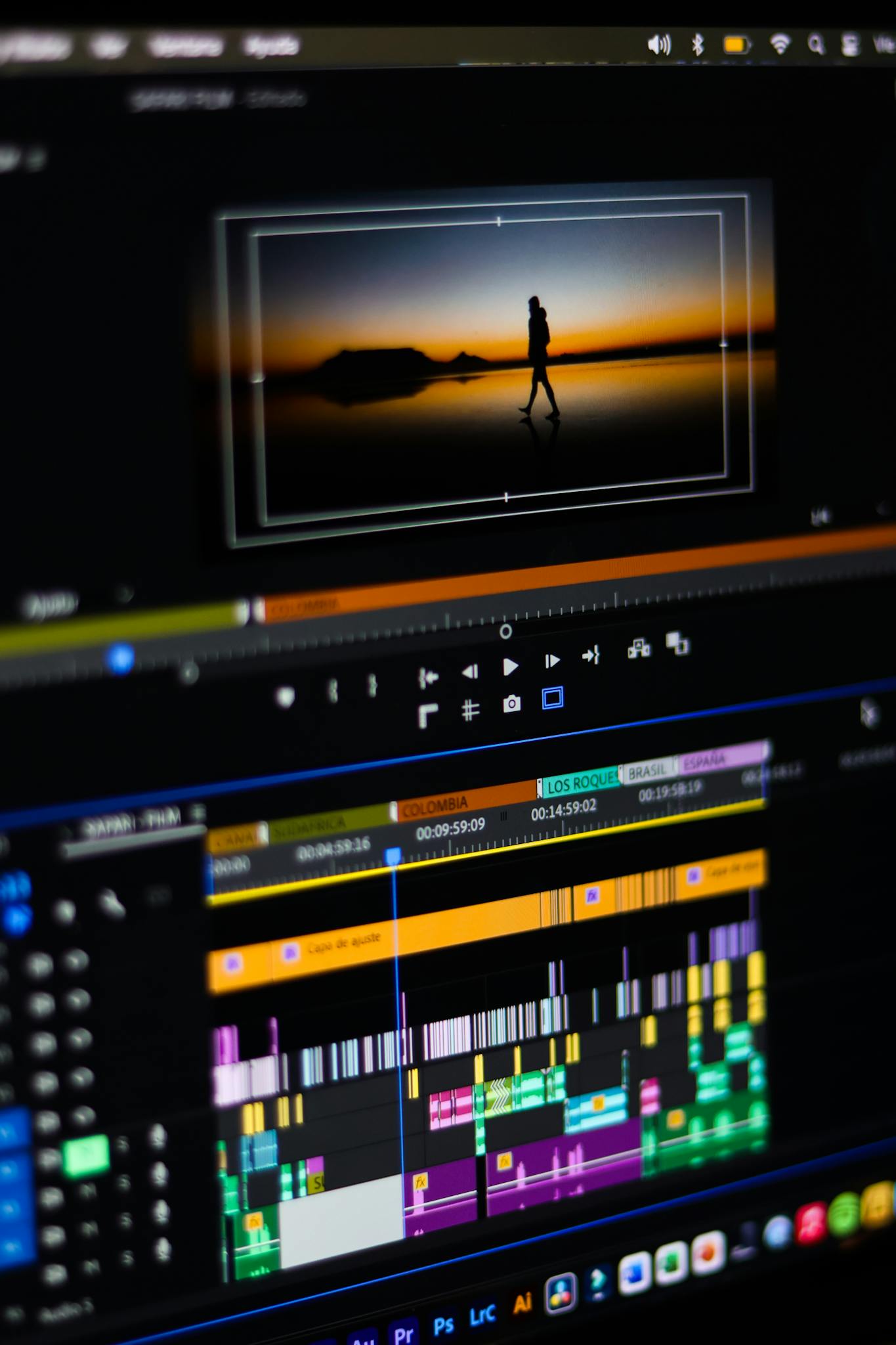 Close-up of video editing software interface on a computer monitor showing timeline and preview.